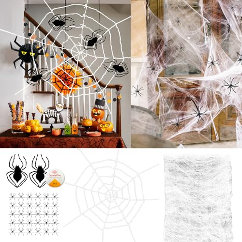 Daily Treasures Kit de decoración de Halloween, telaraña elástica de 300 g y red de araña de cuerda blanca grande de 1,5 m y 32 arañas realistas, decoración de telaraña para patio, hogar, fiesta