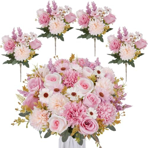 Luabue 4 Pcs Spring Silk Floral Arrangements Cemetery Flowers for Grave, Pink Artificial Flowers with Fake Roses Chrysanthemum Bouquets for Home Wedding Party Table Centerpieces Grave