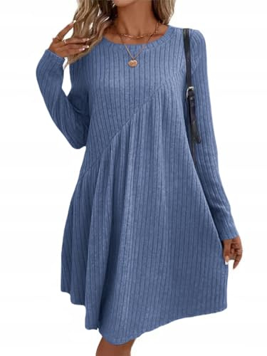Sukiglam Robe Pull Femme Automne Hiver Elegant Robes à Manches Longues Col Rond Ample Robe Casual Courte Coupe Trapèze Base Tunique Décontractée Chic Robes Mini Ligne A pour Quotidien Bureau Soirée