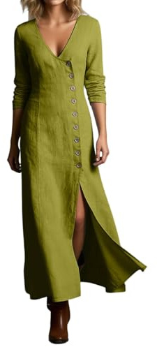 Celanisai Vestido de verano para mujer, monocolor, cuello en V, manga larga, vestido de lino con botones oblicuos y ranura, vestido maxi informal, suelto, informal, vestido de playa de verano, O Verde
