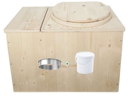 Toilette sèche avec bac à copeaux de bois intégré, Livré monté avec seau 20L plastique alimentaire et bavette de protection inox - Fabrication artisanale Française - N2
