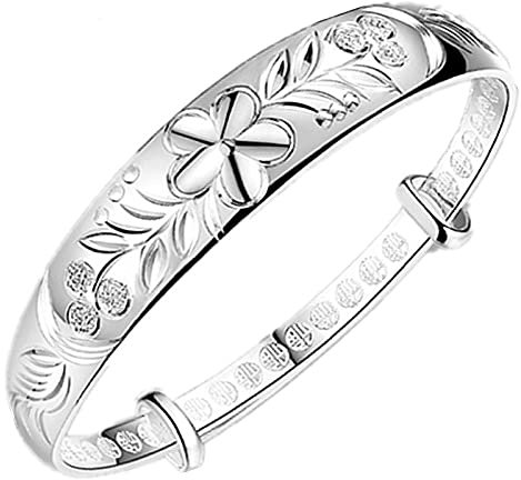 Women's Bracelet, Silver Bracelet Fashion Solid Wide Flower Blooming Carved Exquisite Cuff Bracelet Adjustable Opening for Men's Bracelet Women's Eternal Jewelry Christmas