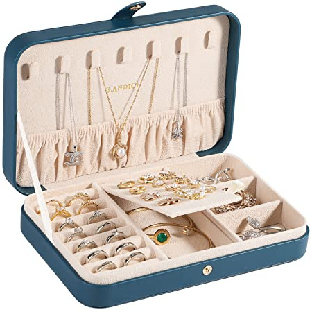 LANDICI Jewellery Box Small Jewellery Organiser for Women Girls, PU Leather Travel Jewellery Storage Case, Portable Jewellery Holder for Ring Earrings Necklace Bracelet Jewellery Gift Box,Bluish-green
