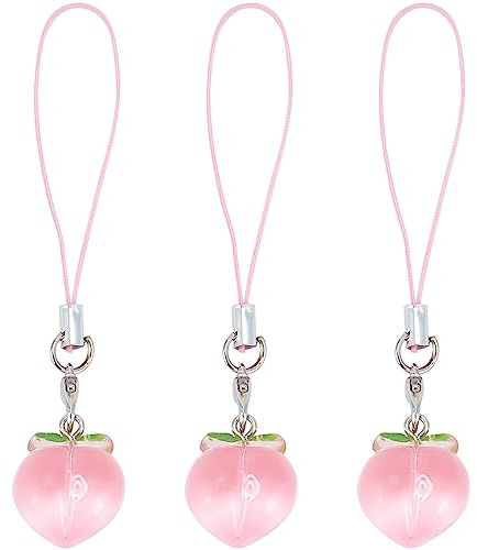 CRASPIRE 3pcs Peach Cell Phone Strap Charm Keychain Fruit Resin Car Key Hanging Wallet Pendants Decor Accessories Gift Women Decoration for Best Friend Sister Mom Family Lovers on Halloween Christmas