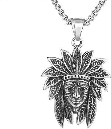 Collana capo indiano per uomo, Collana con testa capo Hip Hop, Collana con ciondolo testa di indiano nativo americano con catena da 23,6 pollici, Ciondolo testa di capo punk rock