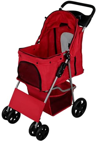 Pet Stroller Pushchair Red Carrier Foldable Trolley Travel Cart 15kg Capacity 4 Wheels Brakes Cat Dog Safety Snap Hook Leash Cushion Canopy Mesh Windows Basket Cup Holders FREE Waterproof Rain Cover