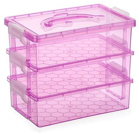 BTSKY 3 Layers Cute Dolphin Clear Plastic Pencil Box- Multipurpose Pencil Case Craft Storage Containers with Lid & Handle, Easy Carry&Stack Crayon Boxes Office Supplies Storage Organizer, Clear Purple