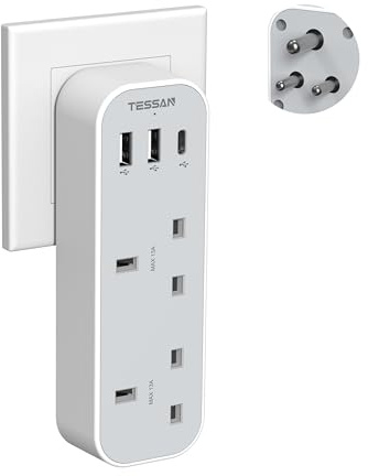 UK to India Plug Adapter, TESSAN Type D Travel Adaptor with 3 USB Ports (1 USB C), Indian 2 Way 3 Pin Grounded Adapter for Sri Lanka, Pakistan, Nepal, Maldives, Iraq, Namibia, Burma, Yemen