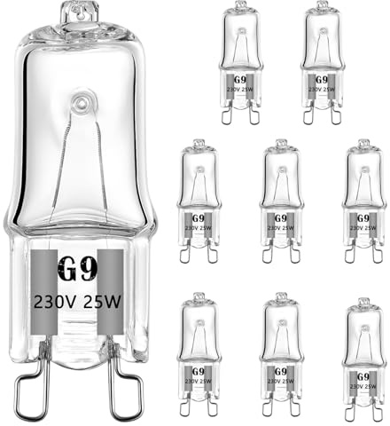 AHEVO G9 Halogen Light Bulb, 230V 25W G9 T4 JCD Bi-Pin Base 250LM, 300℃ Heat Tolerant, Replacement for Oven, Landscape Lights, Desk and Floor Lamps, Wall Sconces, Dimmable, Warm White (8 Pack)