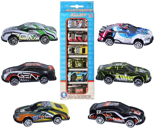 Navoys Pack of Six Alloy Racers Toy Car Set - Free Wheel Plastic Mini Racing Sports Model Cars for Kids, Playset Collection, Great for Cake Toppers, Random Colours