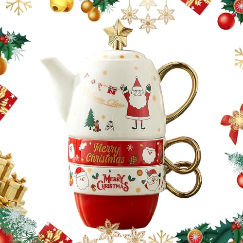Jul röd tekopp presentpaket keramisk tekanna med 2 tekoppar set nordisk hushåll mjölkkopp brittisk tekopp kaffekanna blommig tekoppar julserie tekannor för 2 (jultomten)