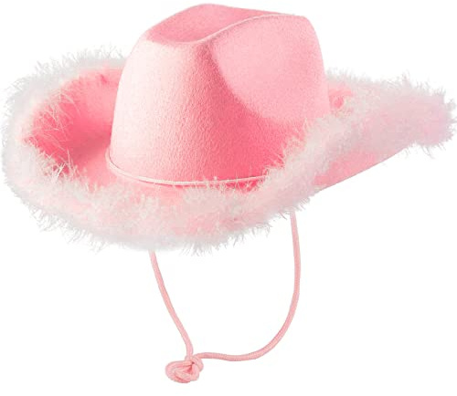 QIUhhpuy Chapeau Cowboy Rose Femme avec Plume Duveteux Couleur Unie Bordure en Fourrure à Large Bord Couvre Chef Rose Hats Western De Cowboys pour CéLibataire Costume Party Jouer Chapeau Cowboy Femme