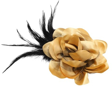 QUARKZMAN Broche De Rosa Flor De 4.3 Pulgadas Hecho A Mano Con Tela De Satén Alfileres De Solapa Con Pluma Broche Flor Elegante Pinza Para El Cabello Floral Para Mujeres Boda Fiesta Dorado