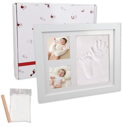 JUNJIEFU Set di impronte e impronte per bambini, stampa in gesso, mano e piedi, con cornice in vero legno