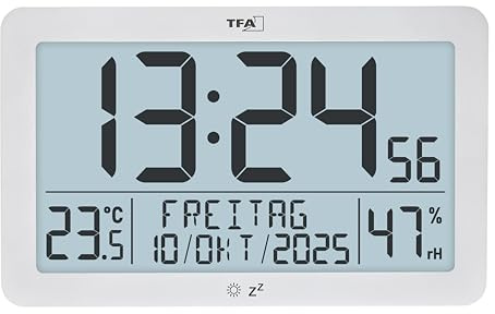 TFA Dostmann Orologio da parete moderno, radiocontrollato digitale, temperatura ambiente, umidità, 60.2568.02, grande, indicazione del giorno, della settimana, della data, funzione sveglia, bianco