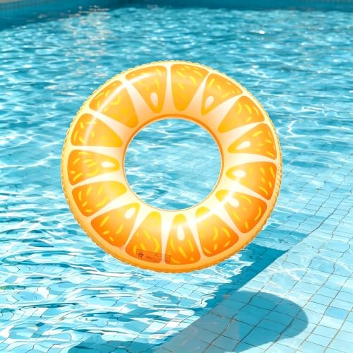 Inflatable Swim Ring, 75cm Orange Fruit Print Pool Float Ring, Thick PVC Leakproof Swimming Ring for Adults & Kids, Heavy Duty Foldable Swim Tube for Beach Pool Party Summer Holiday