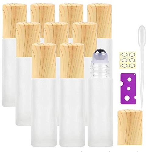 Yalbdopo 10Pcs, 10Ml Essential Oil Roller Bottles - Refillable Frosted Clear Glass Roll on Bottles with Stainless Steel Roller Balls & Wood Grain Plastic Cap, Include 12 Labels, Dropper & Opener
