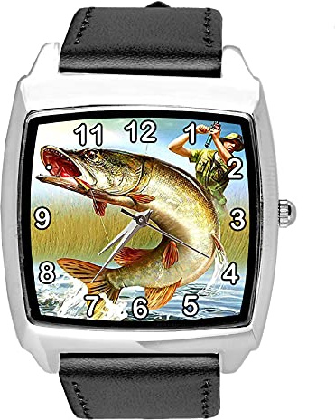 TAPORT® Svart läder kvarts fyrkantig klocka för fiske fans E3