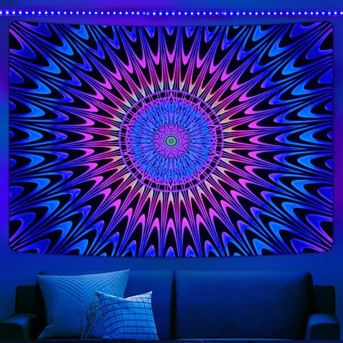 Alishomtll Schwarzlicht Bunt Boho Mandala Wandteppich, UV Reaktiv Kunst Wandtuch, Psychedelic Hippie Wandteppich, Aesthetic Wandbehang, Home Decor für Schlafzimmer Party, 210 x 150cm