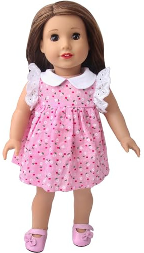DUORUIMI Doll Clothes Summer Pink Dress with Lace for American Girl Doll 18-inch with Flowers Pattern