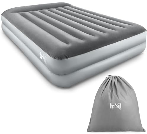 Double Air Bed With Built In Electric Pump and Pillow, 2 Person Inflatable Guest Mattress, Blow Up Camping Airbed for Couples, Flocked Waterproof Antimicrobial, I-Beam Support (203cm x 152cm x 46cm)