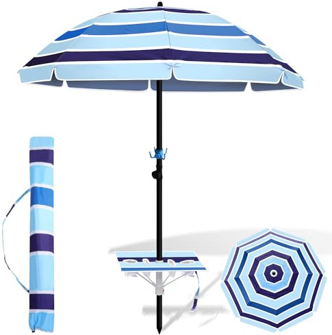 Eulenke Strandschirm Sonnenschirm Strand Ø 213cm UV50+Sonnenschutzkoeffizient, mit Tisch&Haken&Tragetasche, Neigungswinkel und Höhe verstellbar, Winddicht, langlebig, nicht verblassen，Blau gestreift