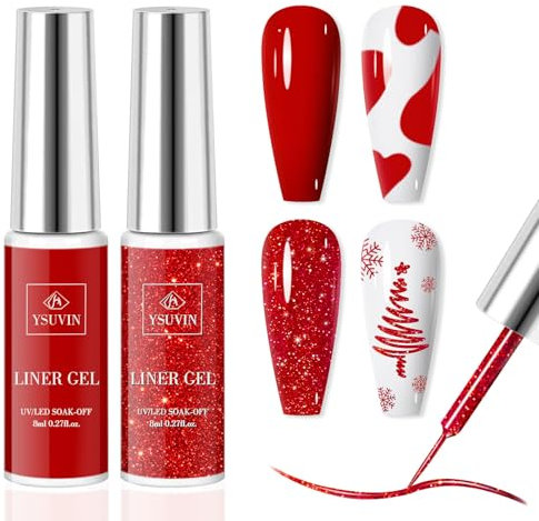 YSUVIN Gel Liner Nail Art, 2 Farben Rot Glitzer Painted Gel Nagellack Soak Off UV Nagellack für Frauen Home DIY Nail Art Salon Maniküre, 8ML