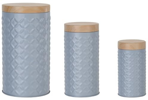 Brandsseller Vorratsdosen 3er Set Metall mit Holzoptik-Deckel Aufbewahrungsbehälter Rautendesign Luftdicht Grau