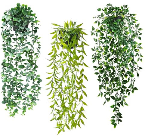 ROLLWAY 3 plantas colgantes artificiales como auténticas plantas artificiales colgantes con maceta, plantas artificiales colgantes, plantas artificiales de 65 cm, plantas artificiales colgantes de