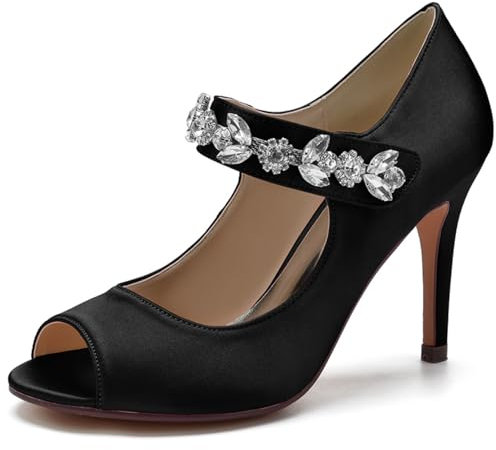 smlekwc Women's Peep Toe Satin Bridal Pumps with Rhinestone Ankle Strap Mary Jane Shoes Sexy High Heel Wedding Party Prom Shoes,Black,6 UK