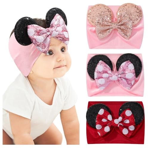 choicbaby 3 cerchietti per capelli da 12,7 cm con orecchie di topo, fiocco in nylon con fiocco a pois carini cerchietti morbidi accessori per capelli per neonati e bambini