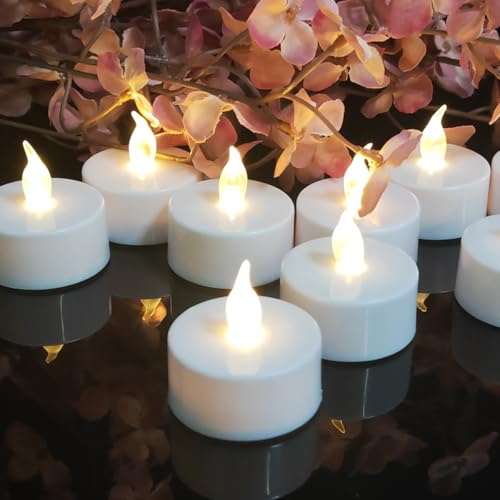 24 Pack Realistic and Bright Flickering Battery Operated Flameless LED Tea Lights Candles, 200+ tealights Electric Fake Candles for Halloween Weddings Festivals Decoration in Warm White
