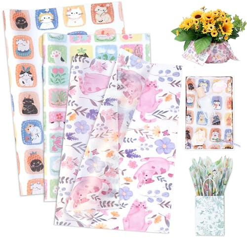 Larcenciel Papel de Seda con Diseño de Gatos, 60 Hojas Flores Papel Seda para Envolver, Artístico Embalaje Regalo con Lavanda y Flores Silvestres para Boda Cumpleaño Fiesta Aniversario DIY, 50x35 CM