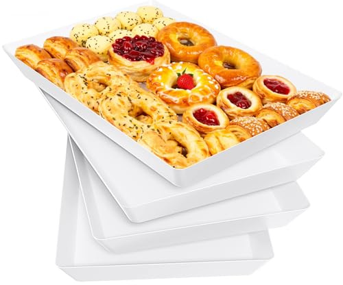 4-Pack Serving Tray, Serving Platter for Parties, Entertaining, Camping & Food Display, Reusable & Stackable Plastic Trays in Kitchen, Rectangular Food Platters for Cookie, Appetizer(White)