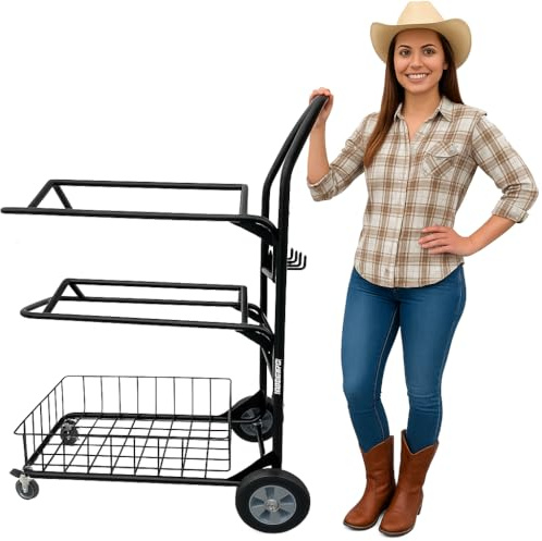 Saddle Rack Cart with Wheels – Heavy-Duty Horse Tack Storage Organizer with 2 Locking Casters, 2-Tier Saddle Stand, Hooks & Bottom Basket – Portable Rust-Resistant Steel Saddle Holder