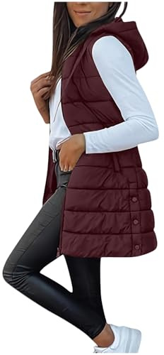 RLEHJN Doudoune Sans Manches Femme Chaude Manteaux Avec Capuche Veste Mi-Longue Chaud Gilet Légère Matelassé Zippée Manteau Duveteux Parka Blouson Élégant Casual Outdoor Hiver Waistcoat Avec Poches