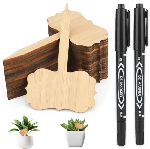 BLPRKOT 25 Pezzi etichette per piante in legno con 1 pennarello nero, etichette per piante da giardino, etichette a forma di T, piantine, semi, etichette per piante in vaso