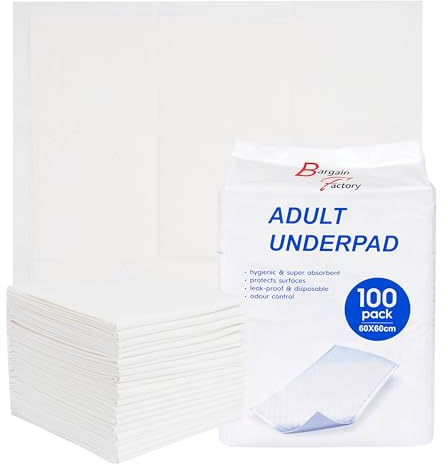 BARGAIN FACTORY 50 Disposable Underpads 60 x 60 cm| Incontinence Bed Pads | 5-Layer Protection Bed Mats for Kids & Adults, High Absorbency & Waterproof