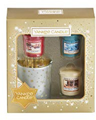 Yankee Candle set de regalo con tres velas aromáticas votivas y un portavelas del mismo estilo