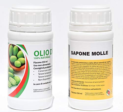 Olio di Neem e Sapone Molle di Potassio Repellente Naturale Residuo Zero, Efficace Contro Zanzare Insetticida Anti Acari, Afidi Cimici da letto, Cocciniglia Pidocchi (2x250ML Puro)