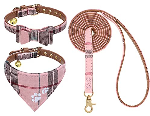EXPAWLORER Dog Collar and Lead Set - Classic Plaid Bow Tie and Embroidery Pawprint Bandana Dog Collar with Bell, No Tangle Lead, Adjustable Pet Collars for Cats Puppy Small Medium Dogs, Pink S