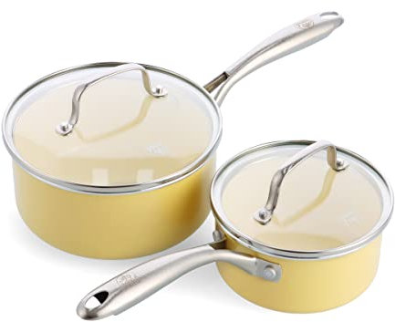 GreenLife Artizan Set di Pentole in Ceramica Antiaderente Sana da 14cm/1L e 18cm/2L, Senza PFAS, Manico in Acciaio Inox, Adatta all'Induzione, Lavabile in Lavastoviglie, Sicuro al Forno, Giallo