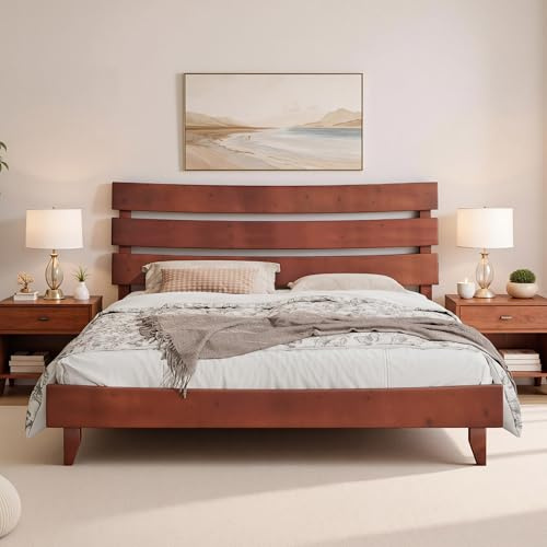 LUXOAK 14 Inch Solid Wood Bed Frame with Headboard, Mid-Century Style Platform Bed with Wood Slats Support, No Box Spring Needed, Easy Assembly, King Size, Walnut