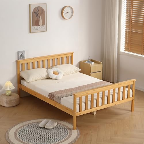 Comfy Living 4ft6 Double Bed Frame, Solid Pine Wooden Bed for Adults Kids Teenagers, Atlantis Style, Caramel