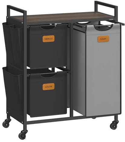 VASAGLE Cesta de lavandería con 3 compartimentos, clasificador de ropa sucia de 26.4 galones (100 l), carrito de lavandería rodante con estantes, bolsillos laterales pequeños, 6 etiquetas, marrón