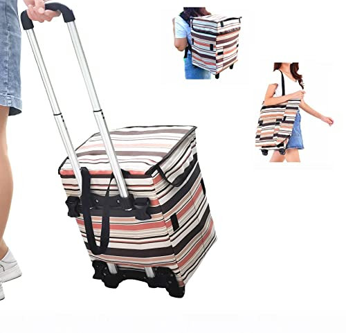 Fineget Foldable Shopping Trolley with 2 Wheels - Folding Backpack Collapsible Reusable Grocery Utility Cart Telescoping Handle for Women Beach Picnic Laundry Luggage School Book Teacher Fold Up