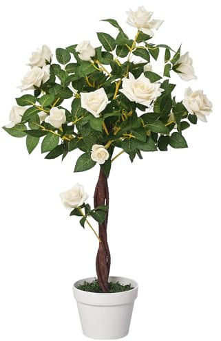Outsunny 90cm Artificial Rose Tree with Twisted Trunk, Decorative Fake Plant with 350 Silk Leaves and 21 Flowers, UV-Resistant Faux Tree for Outdoor Indoor Garden Porch Decor, White