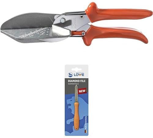 Original LÖWE Set bestehend aus Profi Gehrungsschere 3.304 mit 45° Anschlag für Leder, Kunststoff, Holz, PVC, Gummi und Metall & Diamantfeile 0023 für Scheren, Äxte und Werkzeuge