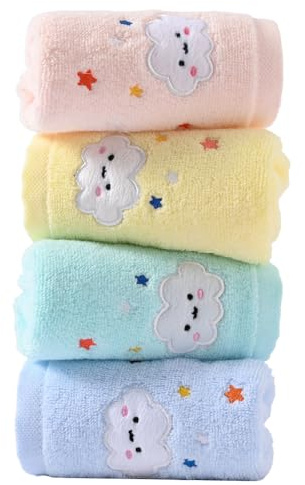 sense gnosis 100% Cotton Cloud Kids Facial Towels, Fingertip Towels for Bathroom Towel Set Star Embroidered Children Towels & Baby Washcloths, 10 x 20 inches(4 Pack in 4 Color)