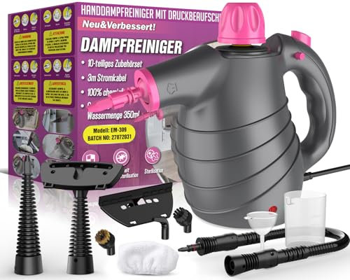 AUIFFER Tragbarer Dampfreiniger, Handdampfreiniger mit 10 Zubehör, 3,5 Bar Druck, 450ml Tank, Chemiefreie Reinigung von Fett und Schmutz, Steam Cleaner Handheld für Polstermöbel, Boden, Auto, Fenster